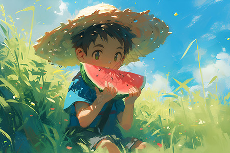 稻草帽男孩在吃西瓜高清图片