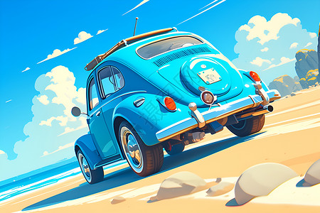 蓝色小汽车驶过沙滩背景图片