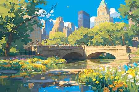 美国纽约中央公园春日城市的中央公园插画