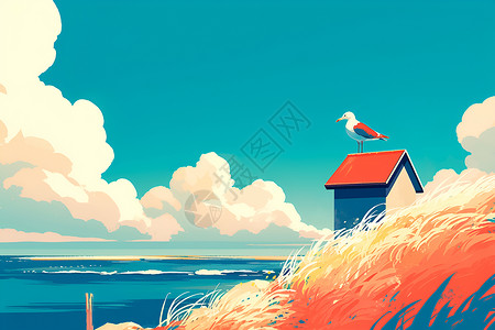 海滨风景区孤独海鸥在屋顶上插画