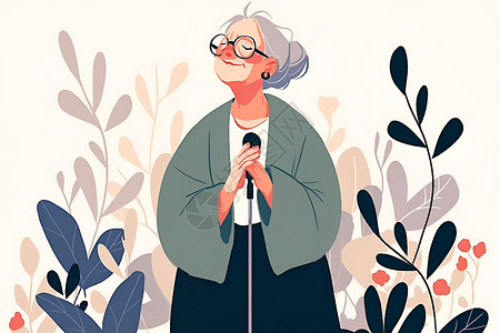 白发老奶奶自信唱歌的奶奶插画