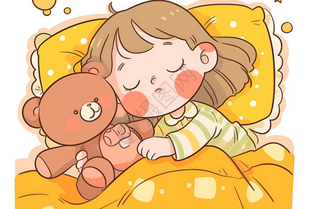 玩具熊与小女孩小女孩与泰迪熊共眠插画