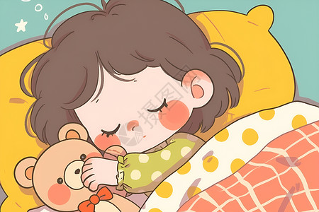 玩具熊与小女孩小女孩与泰迪熊的睡觉时光插画