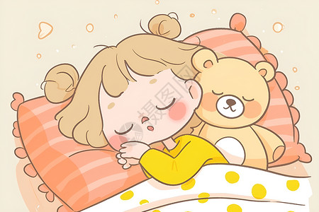 小女孩和玩具熊甜睡的小女孩和她的玩具熊插画