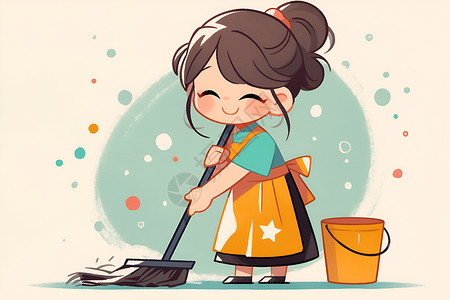 扫地小女孩活泼可爱的卡通小女孩扫地插画