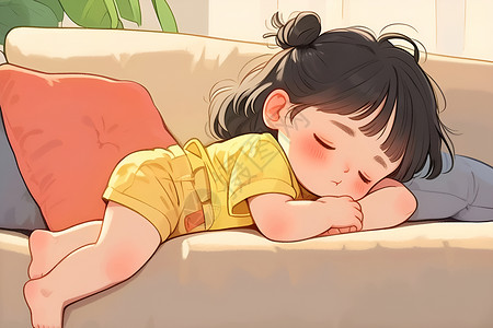 小女孩在沙发上睡觉插画