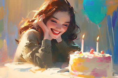 吃蛋糕的美女女孩生日快乐的瞬间插画