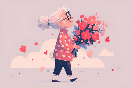 白发奶奶头像拿着鲜花的奶奶插画