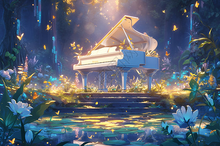 梦幻钢琴森林中的钢琴插画