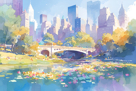 春天色彩斑斓的公园插画