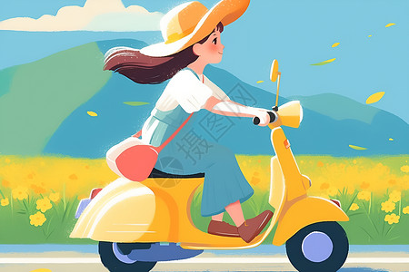骑着仙鹤的女孩帽子女孩骑着电动车插画