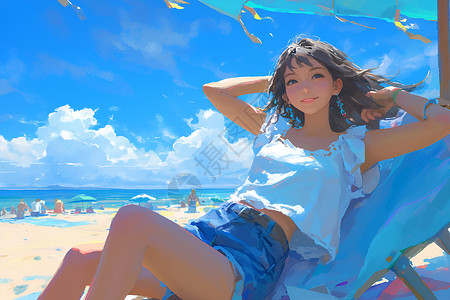 海边度假的女人海滩上一个女孩坐在沙滩椅上插画