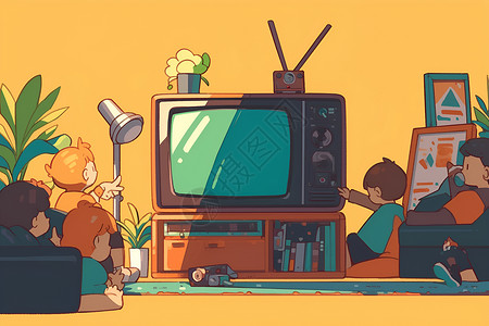 地中海客厅家人围坐在客厅看电视插画