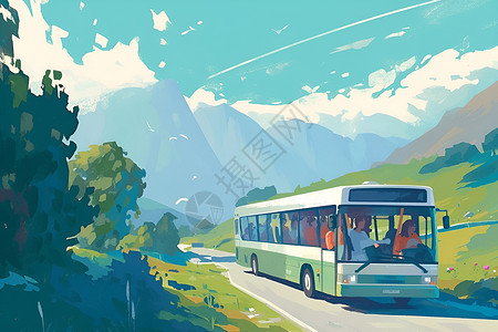 汽车乘客公交车载着乘客在公路行驶插画
