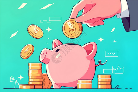 卡通小猪设计设计的存钱罐和金币插画