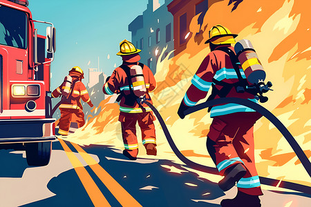 与火焰搏斗的消防员插画