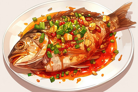 麻辣鱼调料盘子中的麻辣鱼插画
