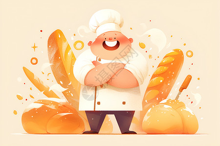 各种面包卡通的烘焙师和面包插画