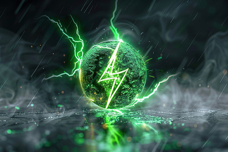 电池科技绿色球体上的闪电设计图片