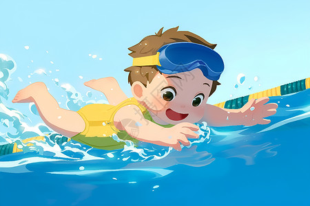 穿泳衣小男孩游泳池中开心的小男孩插画
