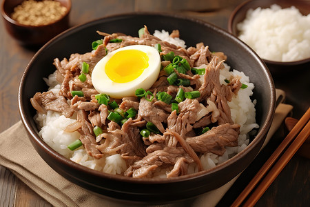 碗筷子碗中的牛肉和鸡蛋背景