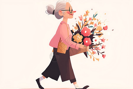 手拿一束花的奶奶高清图片