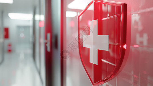 红底黄字医院走廊墙上挂着一面红底白十字的盾牌设计图片