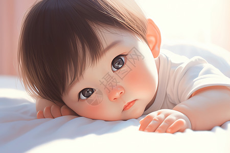 床上的人婴儿躺在床上身上盖着白色毯子插画