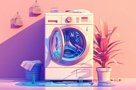洗衣机洗衣服阳光下的洗衣机和盆栽插画