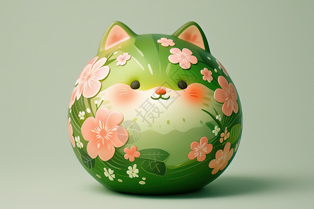 绿色财富粉红花朵点缀的绿色猫咪摆件插画