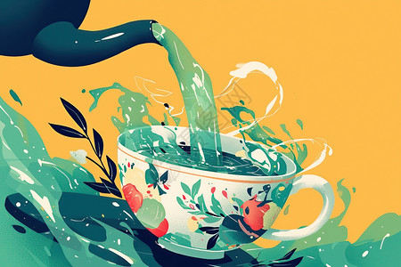 鲜奶茶茶杯上带着绘画图案插画