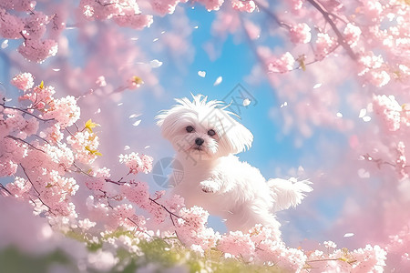 园子里的花朵粉色花海里的小狗背景