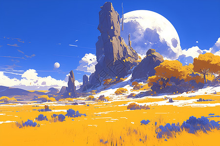 沙漠旅游配图岩石和月亮插画