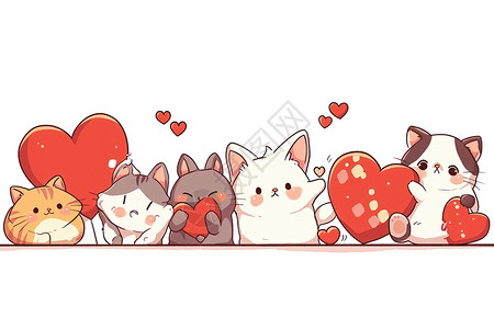卡通心形玻璃瓶一群猫咪举着心形插画