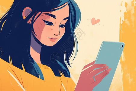 青年女性使用电脑听音乐拿着平板电脑的女人插画