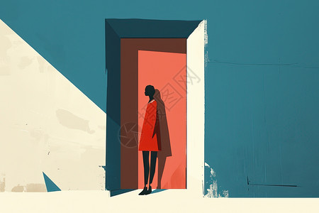 木门安装红衣人站在门前插画
