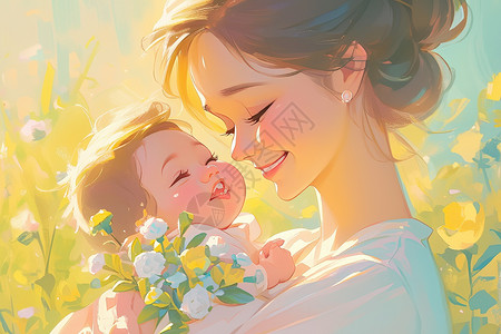 宝宝学英语母亲在花海里抱着婴儿插画