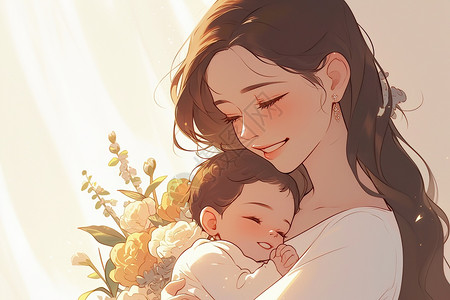 抱着月饼孩子抱着婴儿的母亲插画