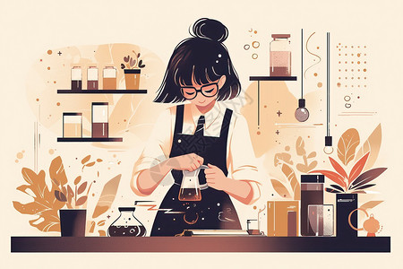 咖啡制作女人穿着围裙在制作咖啡插画
