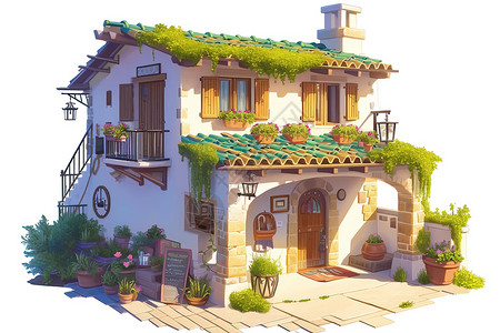 屋顶绿植破旧的小屋插画