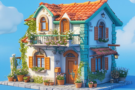 屋顶绿植蓝天下的小房插画