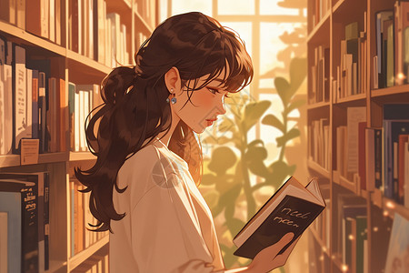 书籍书架看书的女子插画