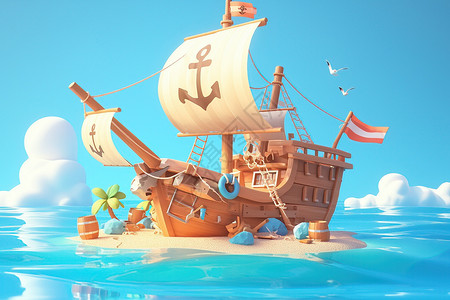 漂浮素材一艘卡通海盗船插画