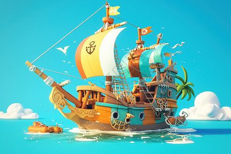 海上漂浮的卡通海盗船插画