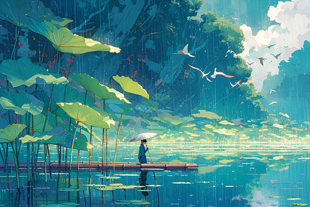 雨中的人雨中划竹筏的人插画
