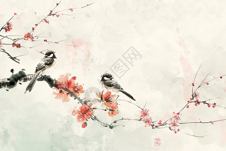 牡丹花上的小鸟花枝上的小鸟插画