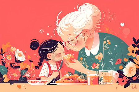 奶奶和孙女一起吃饭插画