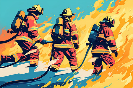 消防水枪勇敢应对火灾的消防员插画