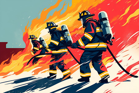 消防水枪灭火的三名消防员插画