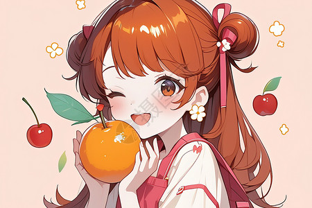 仿真水果橙子抱着橙子的女孩插画